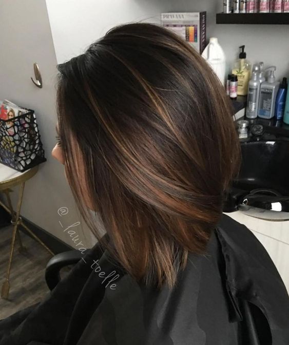 A-Line Brown Bob With Caramel Highlights