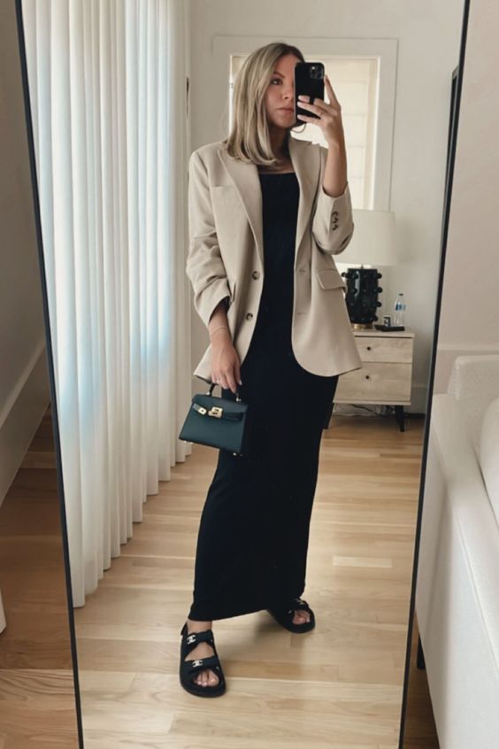 Beige Blazer With Black Knitted Dress And Heeled Mules