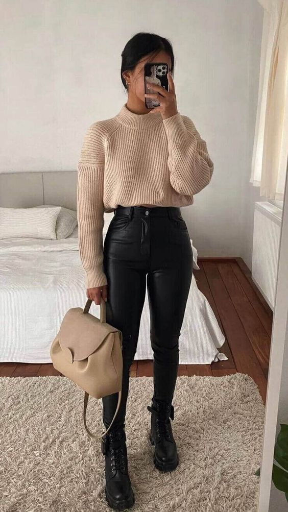 Beige Knitted Top With Leather Pants