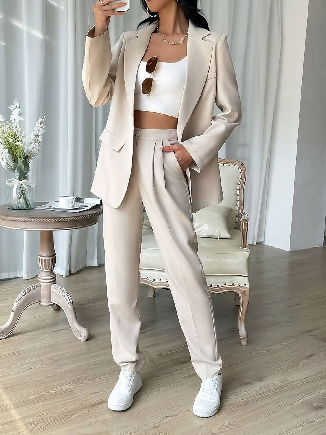 Beige Suit And Classic Trainers