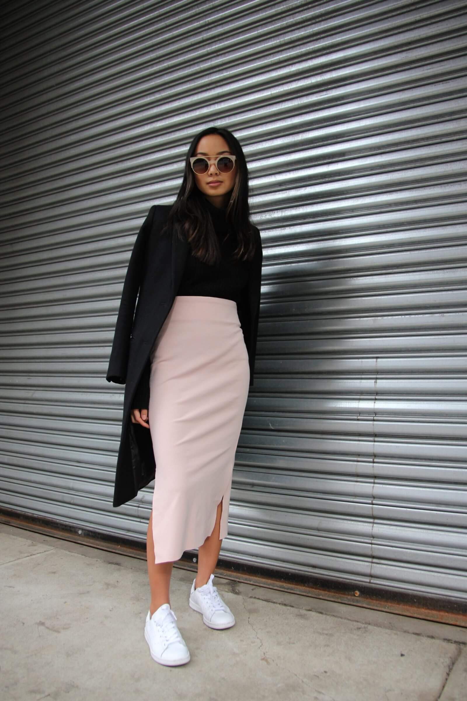 Black Blazer With Pastel Pink Knitted Skirt