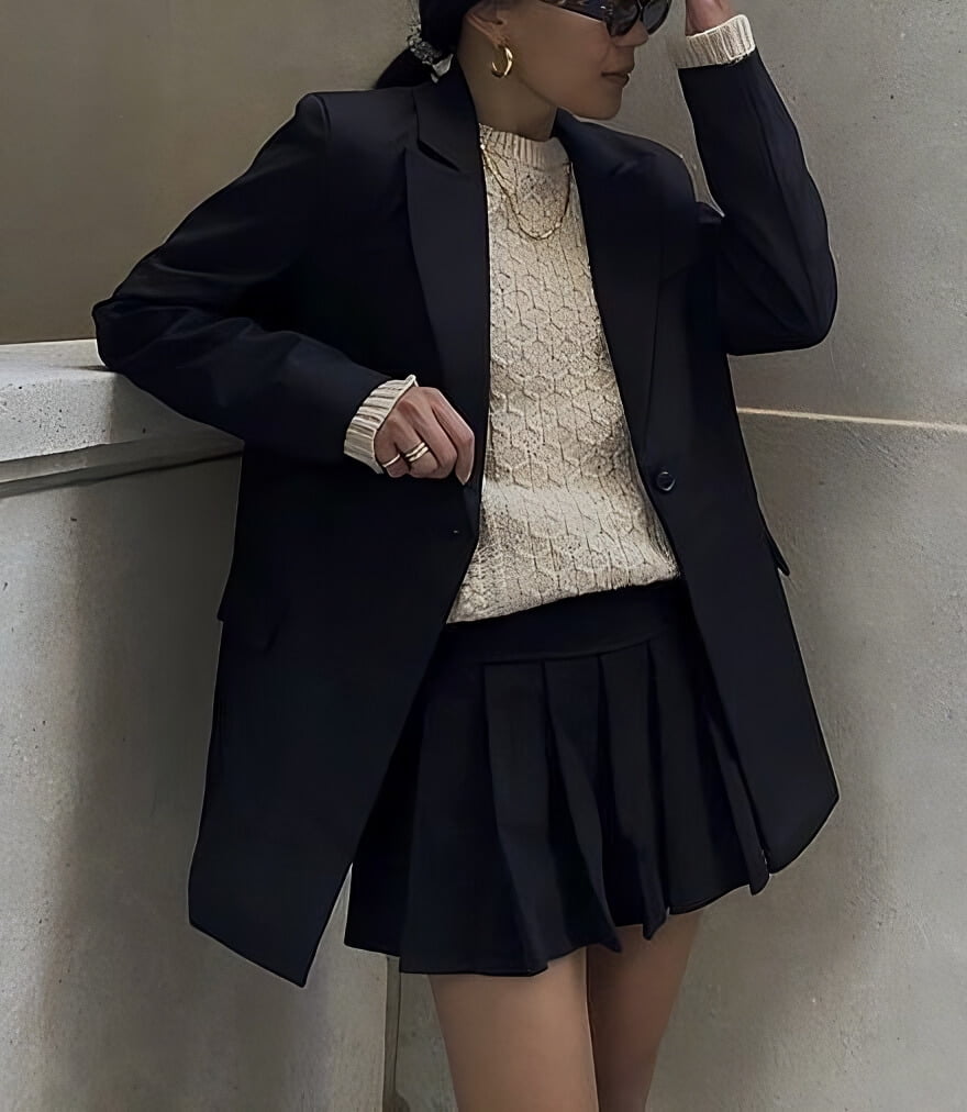 Black Cable-knit Jumper And Pleated Mini Skirt