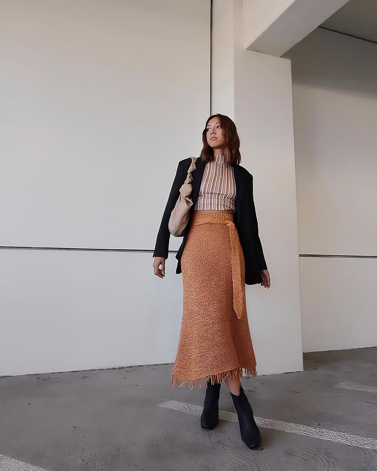 Blazer With Brown Knitted Skirt