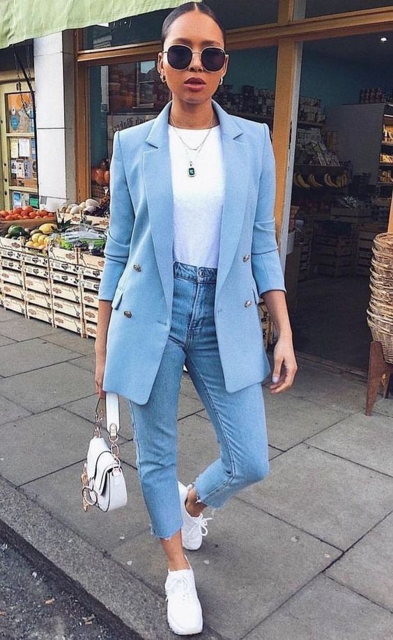 Blue Blazer With White Tee And Blue Jeans
