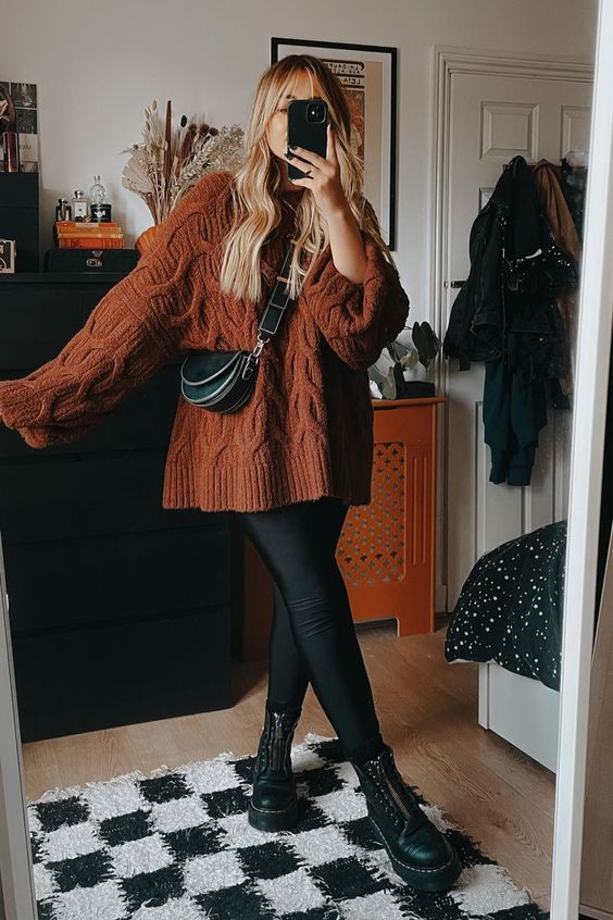 Brown Cable-Knit Sweater With Legging
