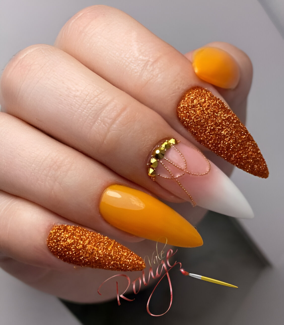 Candy Corn Nails With Gemstones