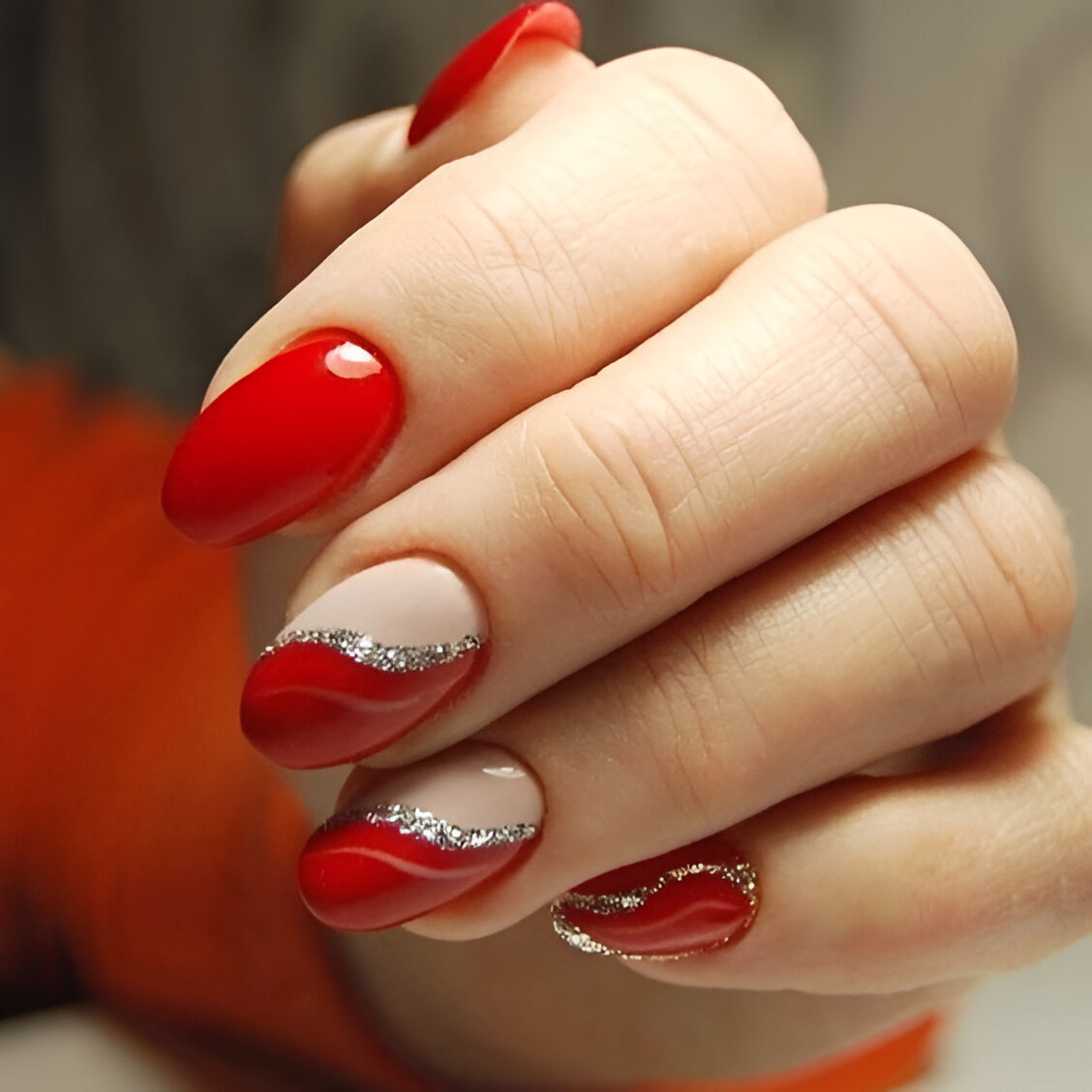 Classy Red French Manicure With Gold Glitter Lines