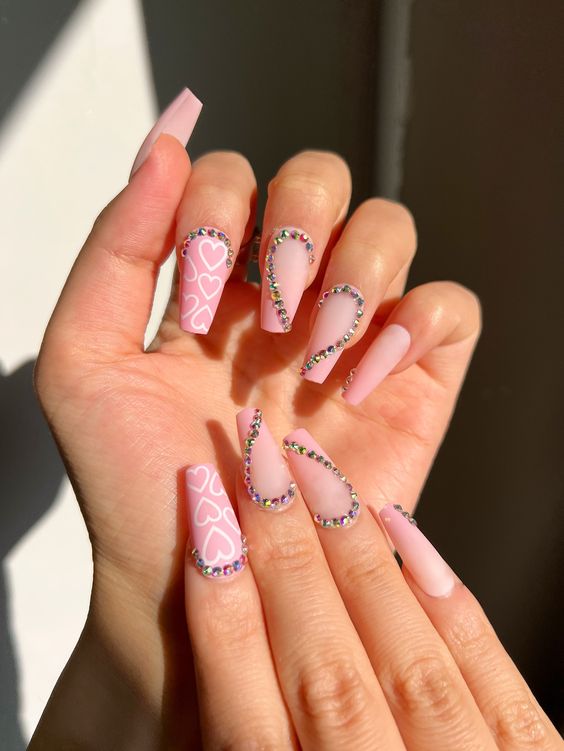 Coffin Nails With Charming Pink Hearts