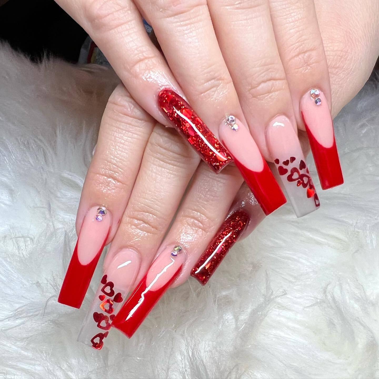 Coffin Nails With Red Tips And Glitters