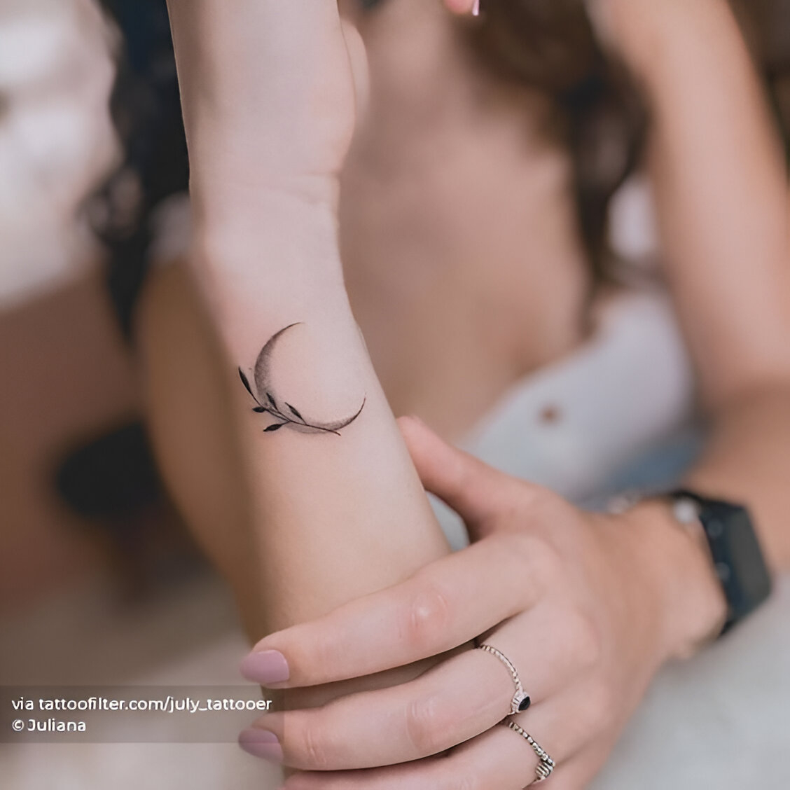Crescent Moon Tattoo With Leaf Design