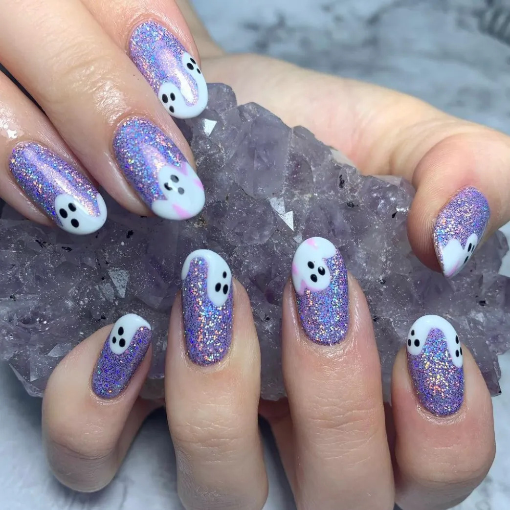 Cute Glitter Ghost Nail Design