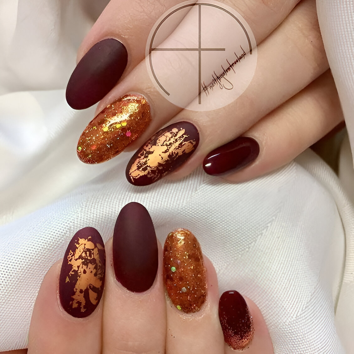 Deep Red And Orange Manicure