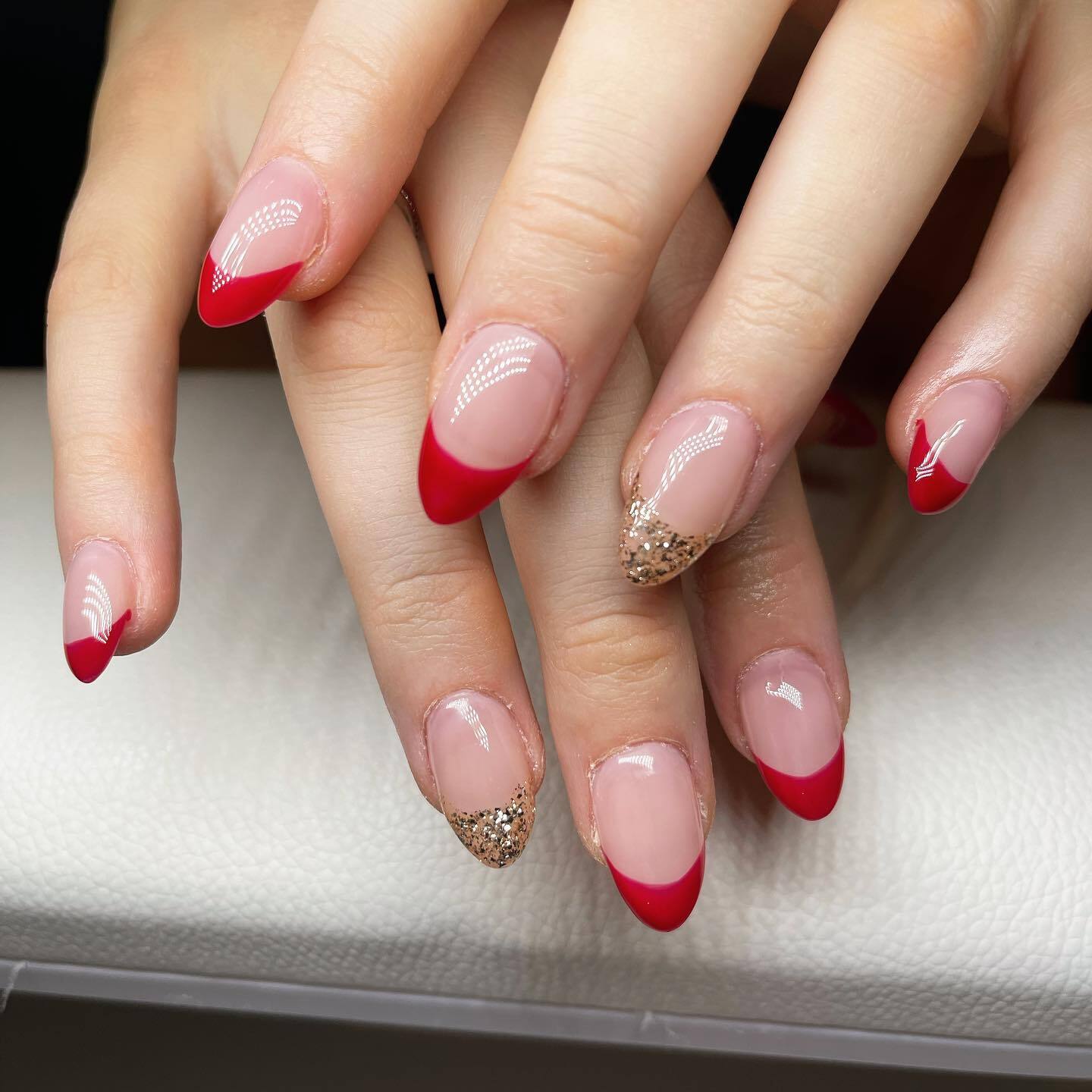 French Manicure With Red And Gold Tips