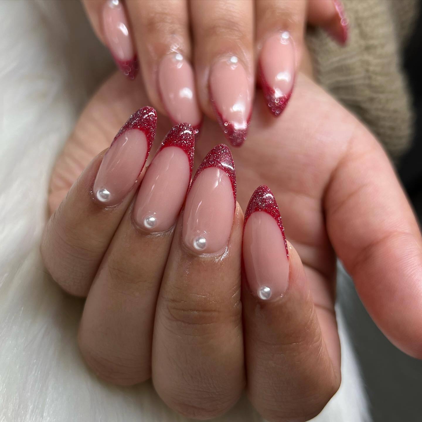 French Manicure With Red Glitter And Pearls