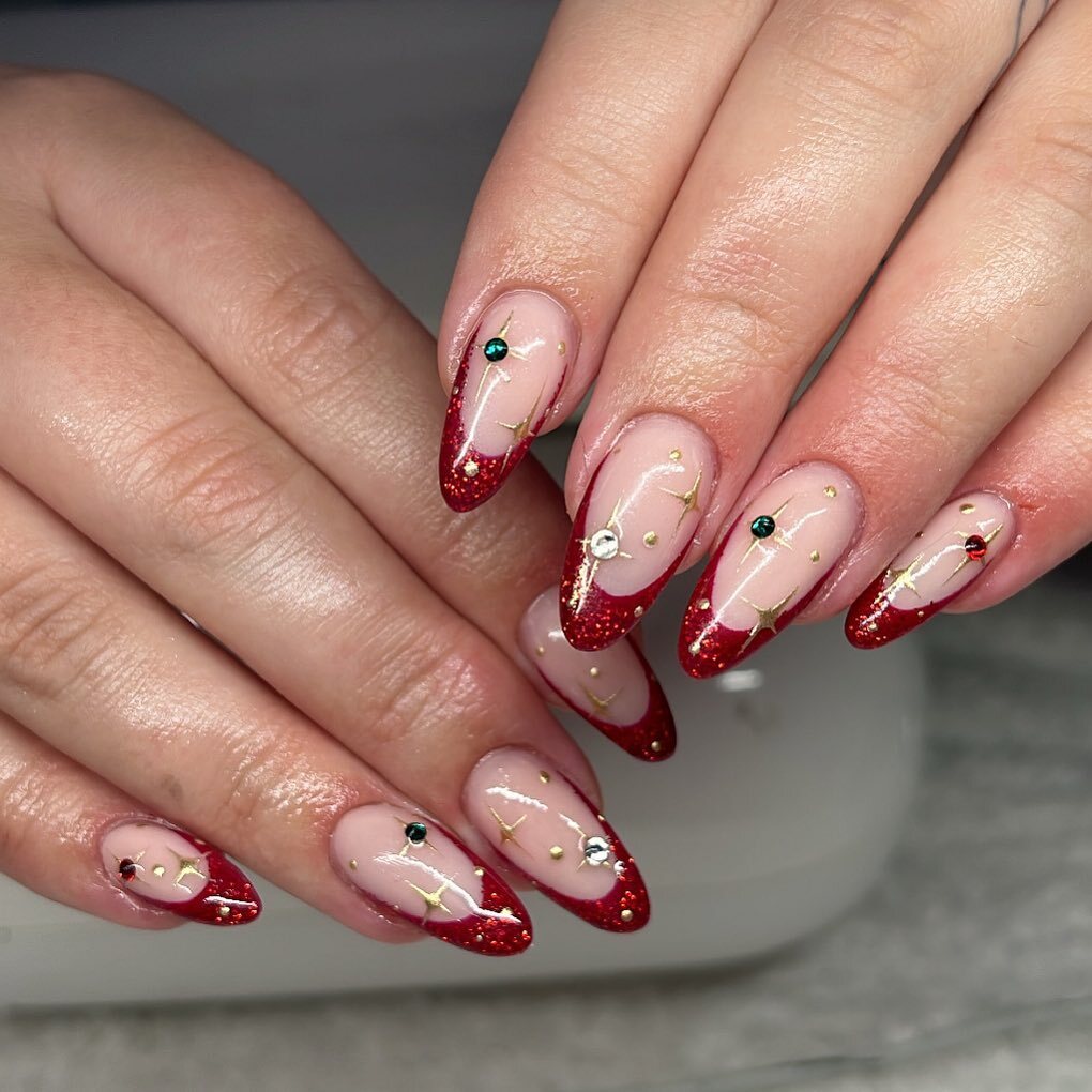 Glitters And Glam Red French Nails