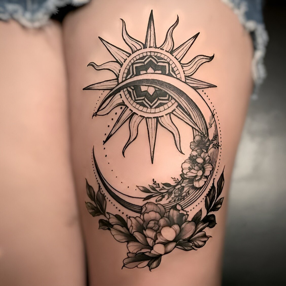 Intricate Sun And Moon Thigh Tattoo