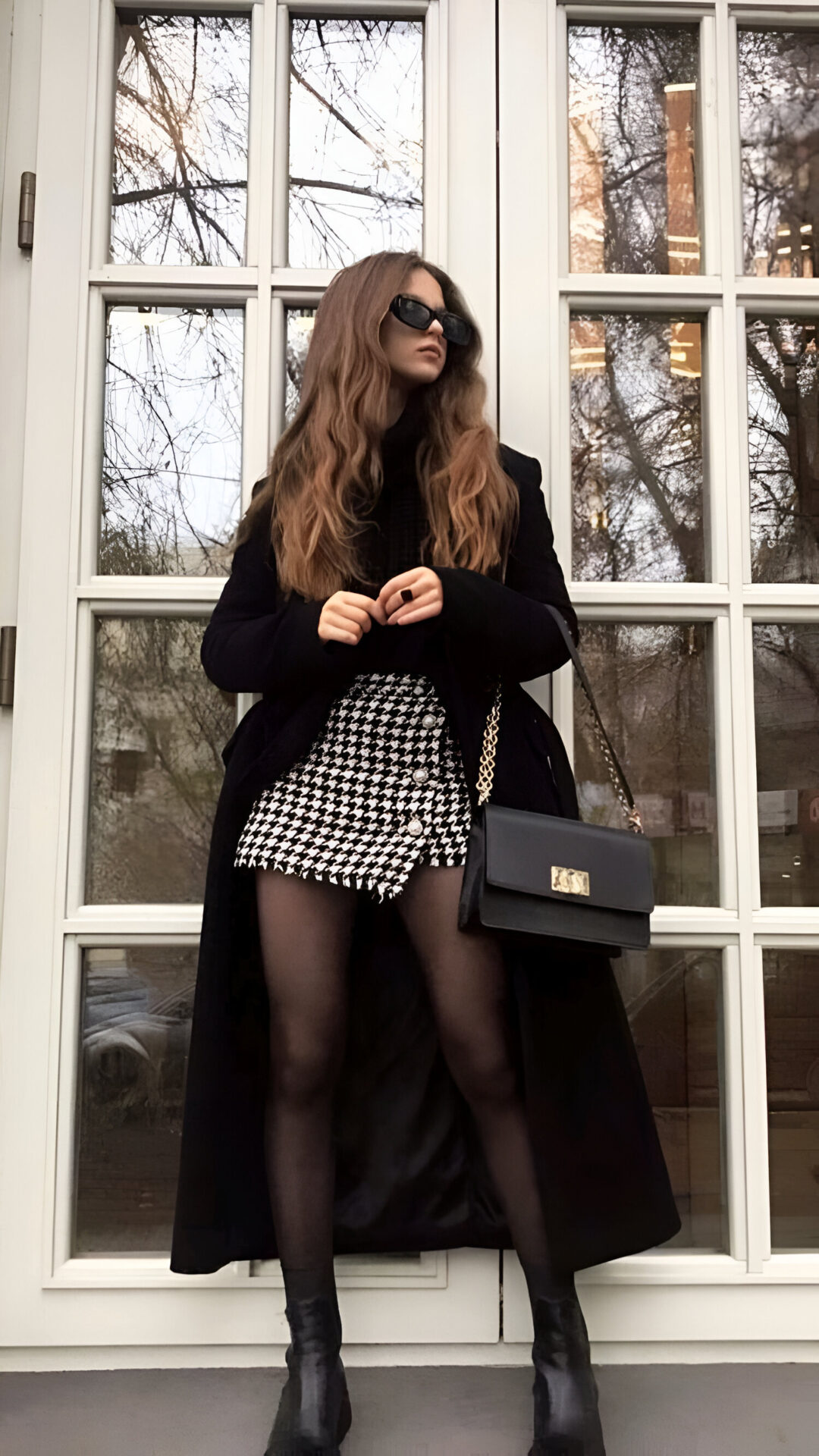Long Black Trench Coat With Plaid Skirt