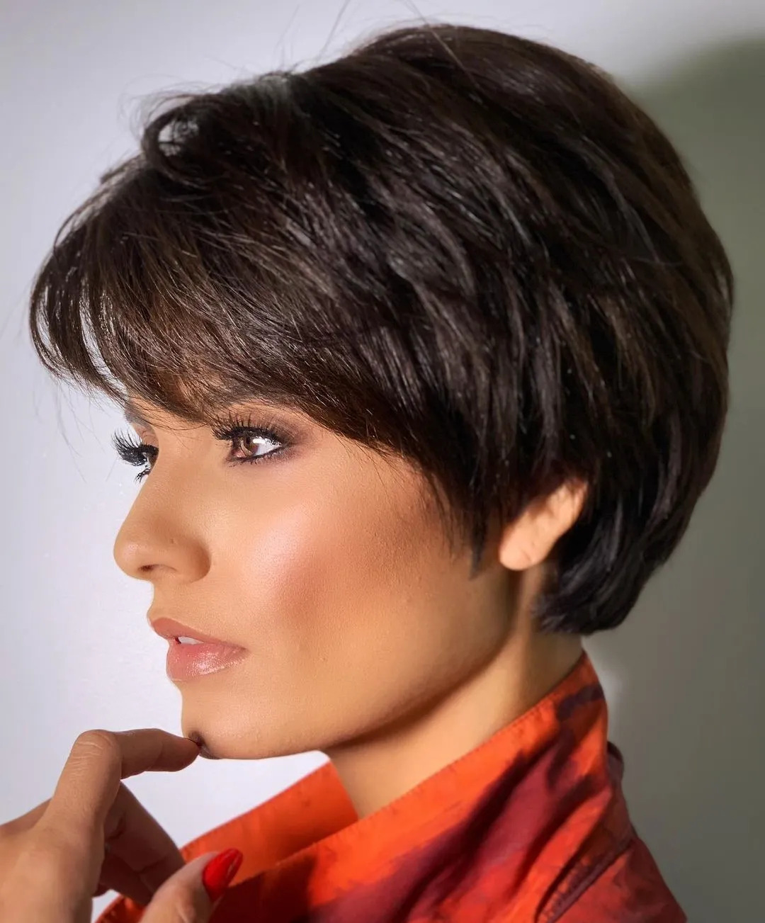 Long Brown Pixie With Blunt Fringe