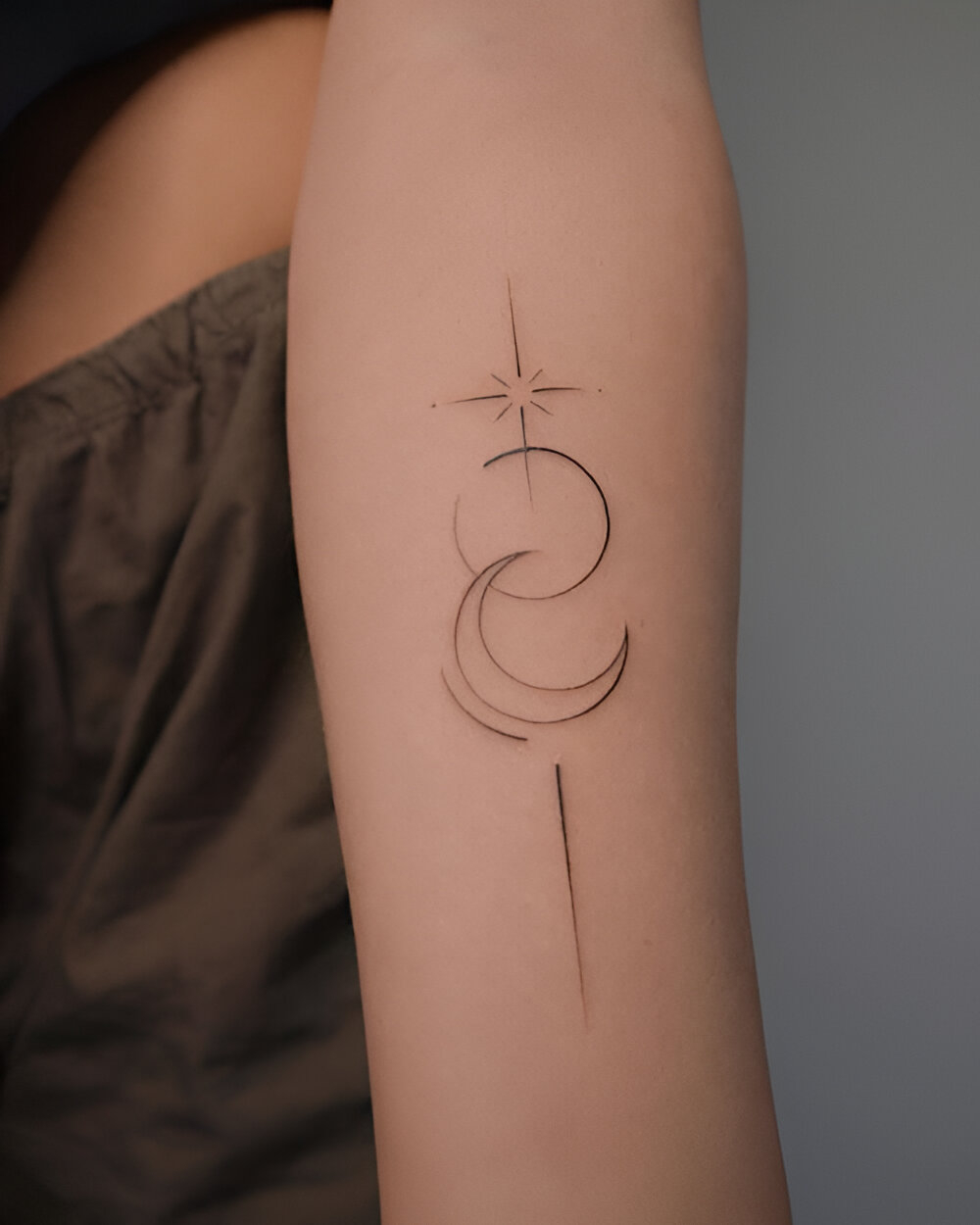 One-Line Moon And Stars Tattoo