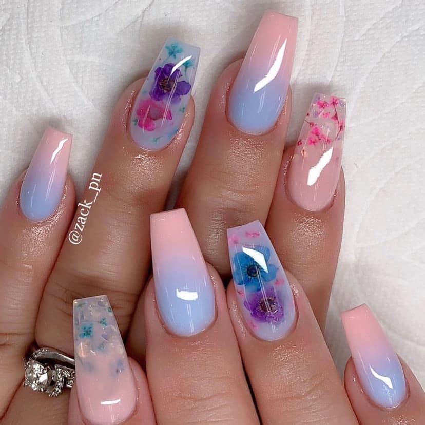 Pastel Pink And Blue Coffin Acrylic Nails
