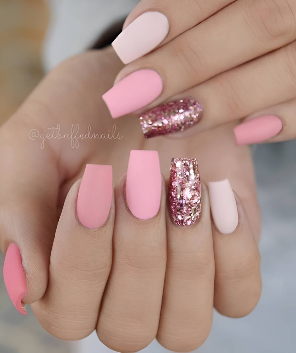 Pink Glitter Short Coffin Nails