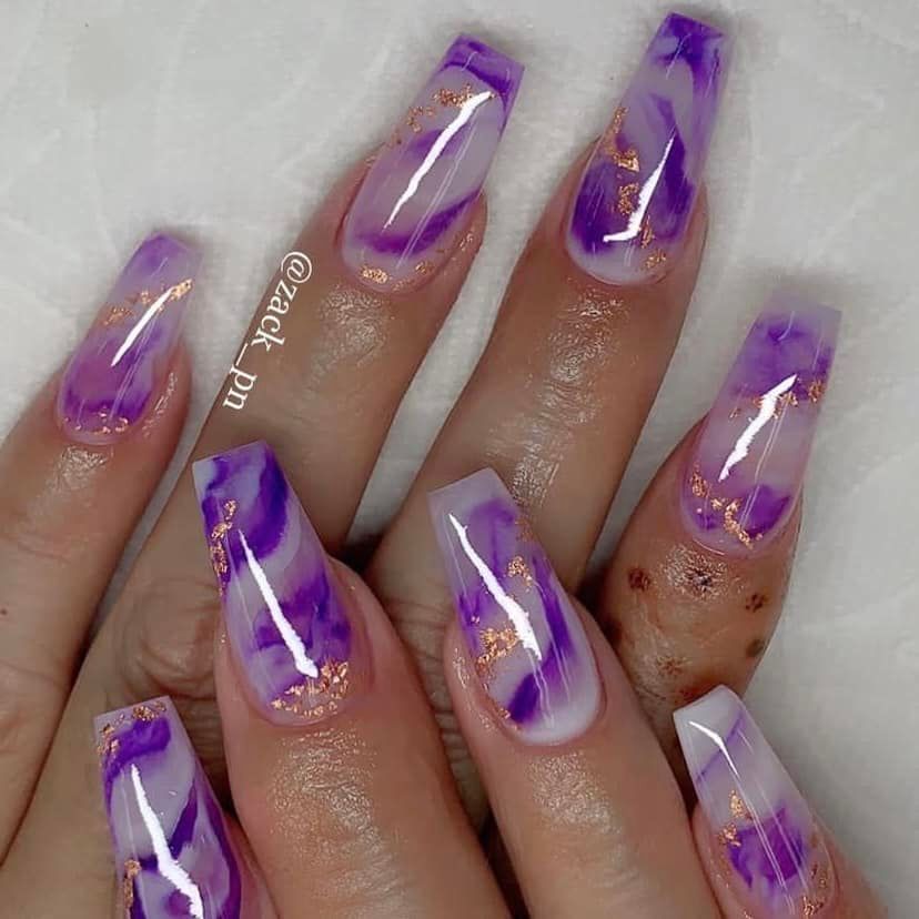 Purple And Gold Short Acrylic Coffin Nails