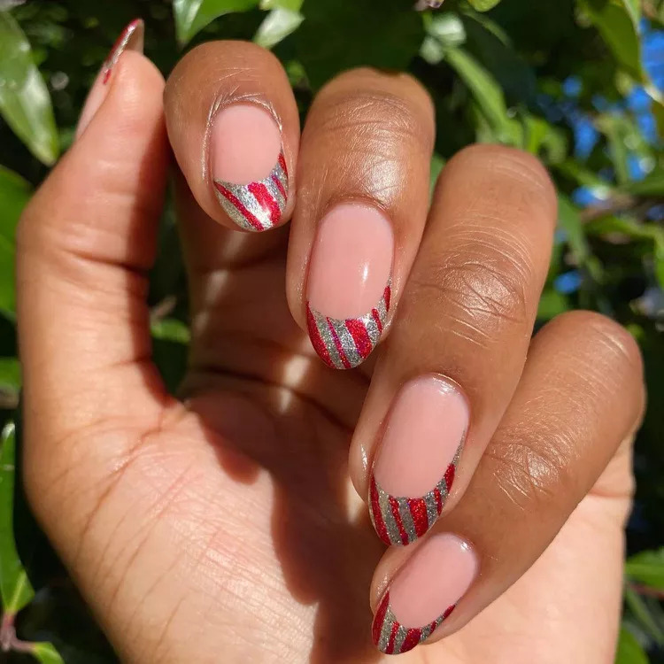 Red And Silver Peppermint French Manicure