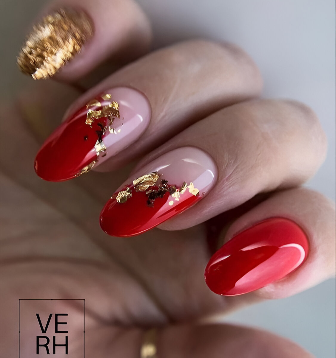 Red French Manicure With Gold Leaves