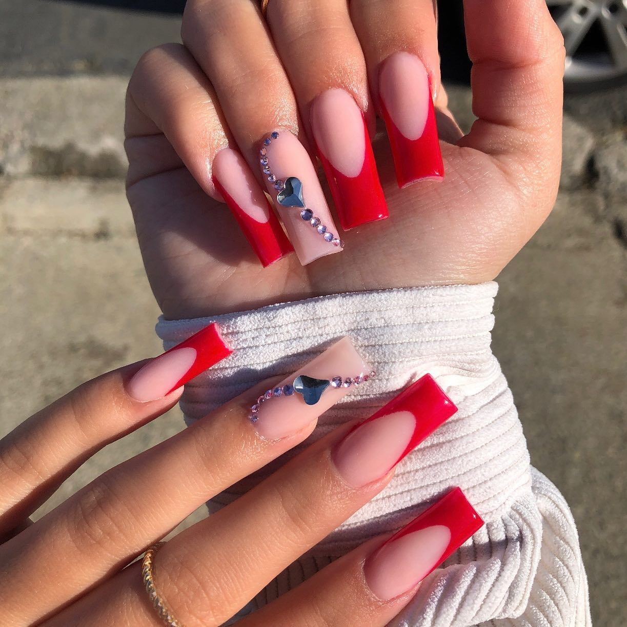 Red French Manicure With Heart Charms