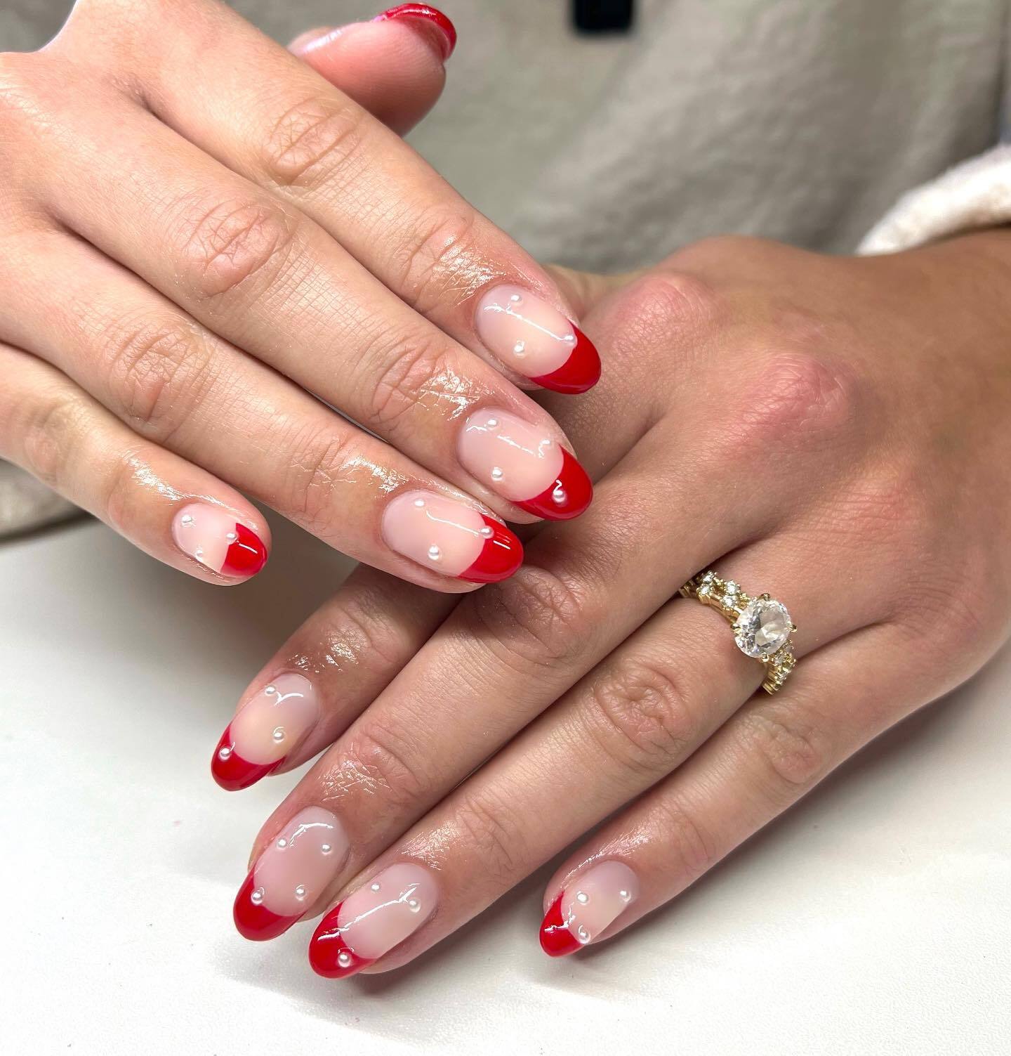 Red French Tips With Pearls