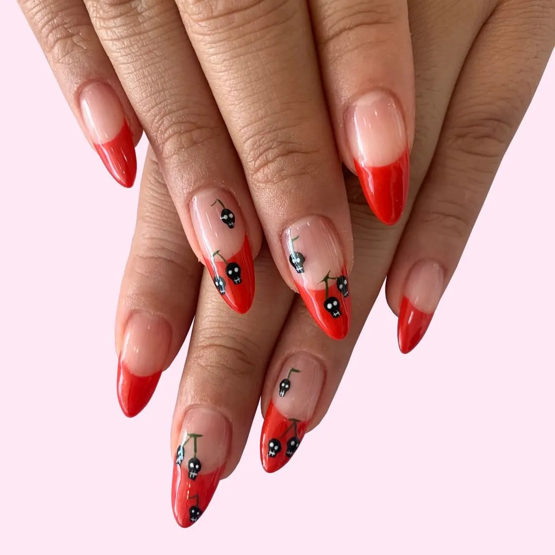 Red Halloween Nails With Deadly Cherries