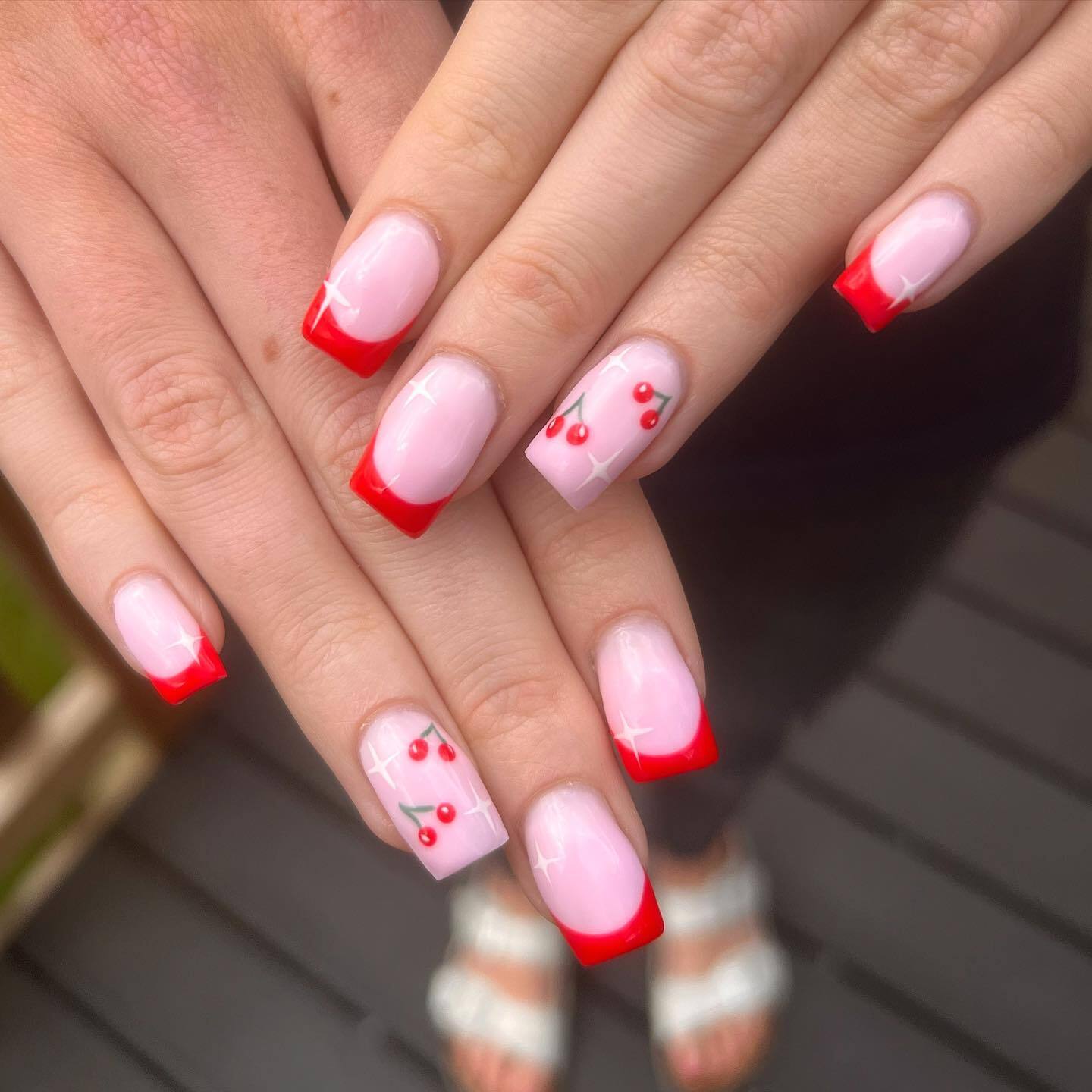Red Nails With Cherry Design