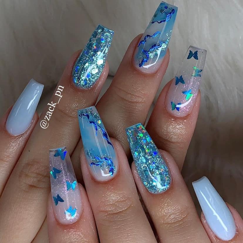Short Ballerina Nails With Blue Glitters