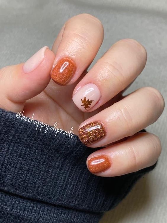 Short Square Brown And Orange Nails