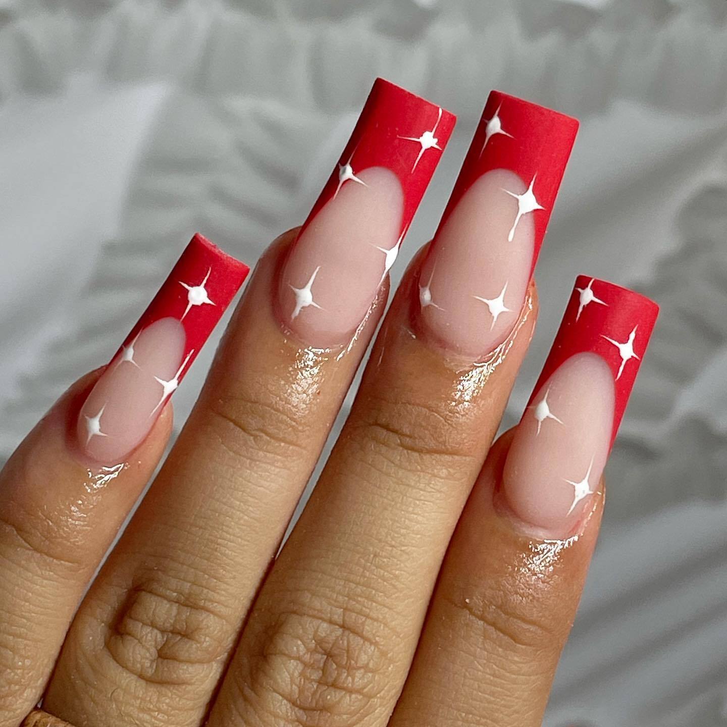 Square Red French Manicure With White Sparkles