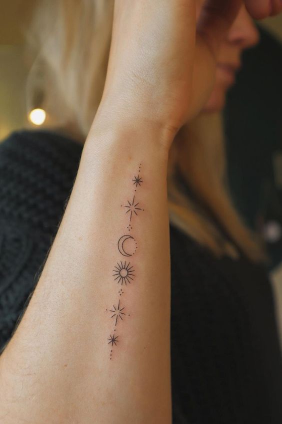 Vertical Moon And Stars Tattoo
