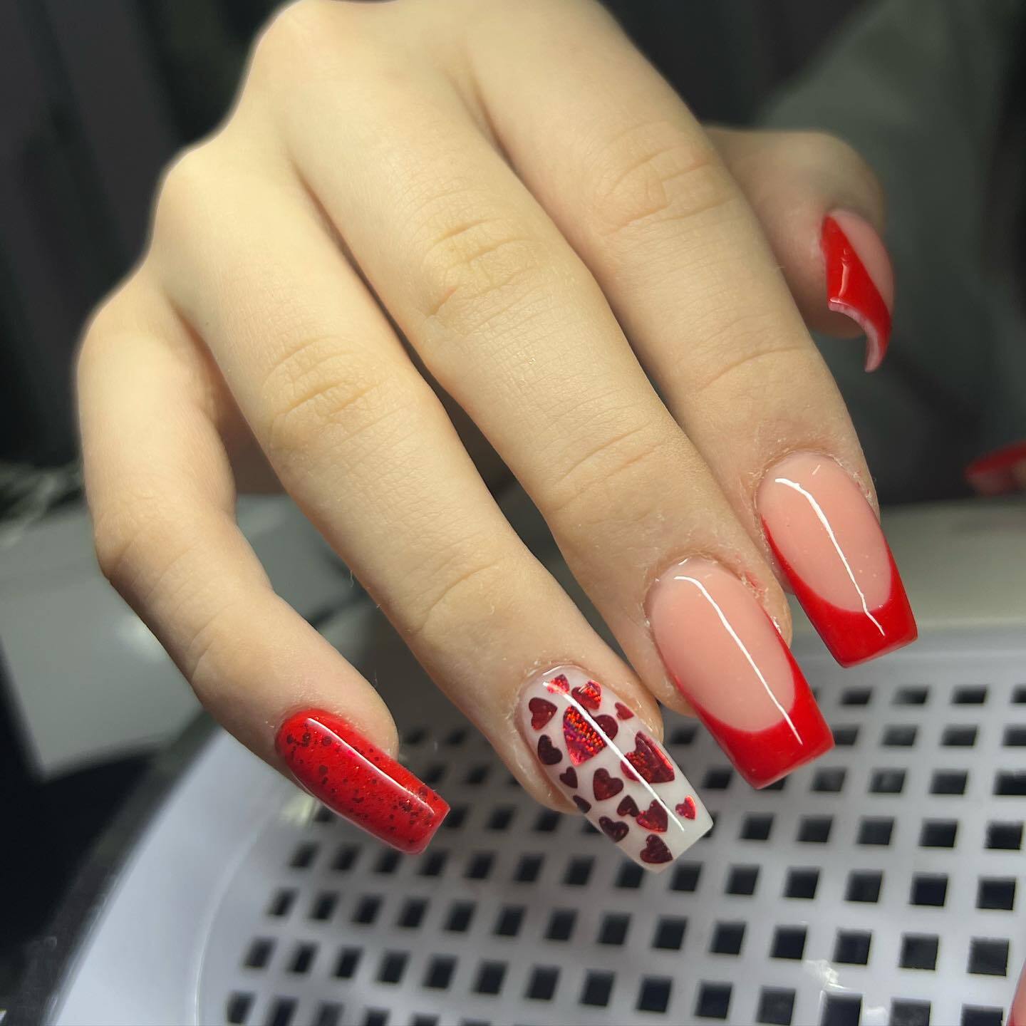 Vibrant Red Heart Nails