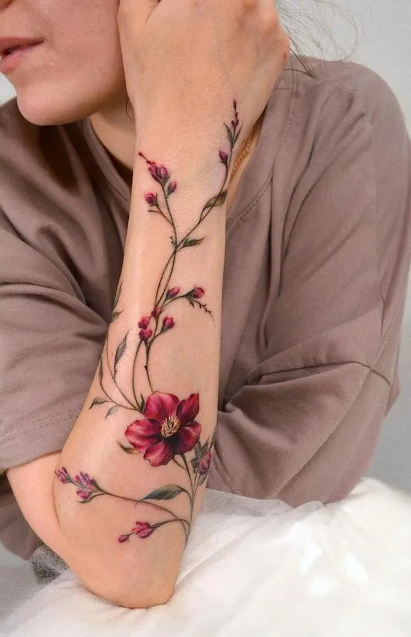 Watercolor Flower Vine Arm Tattoo