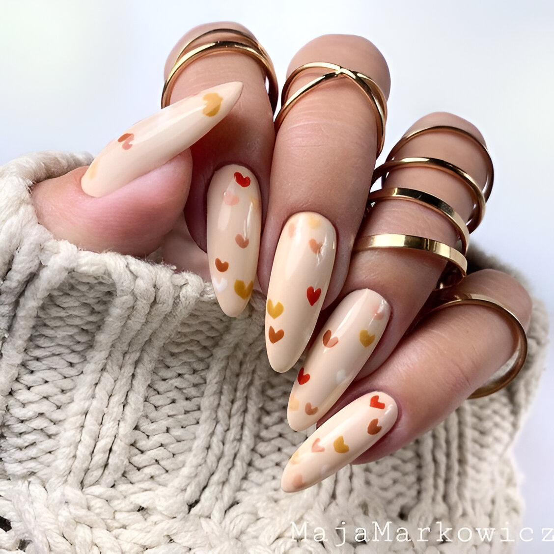 White And Orange Hearts Nail Designs