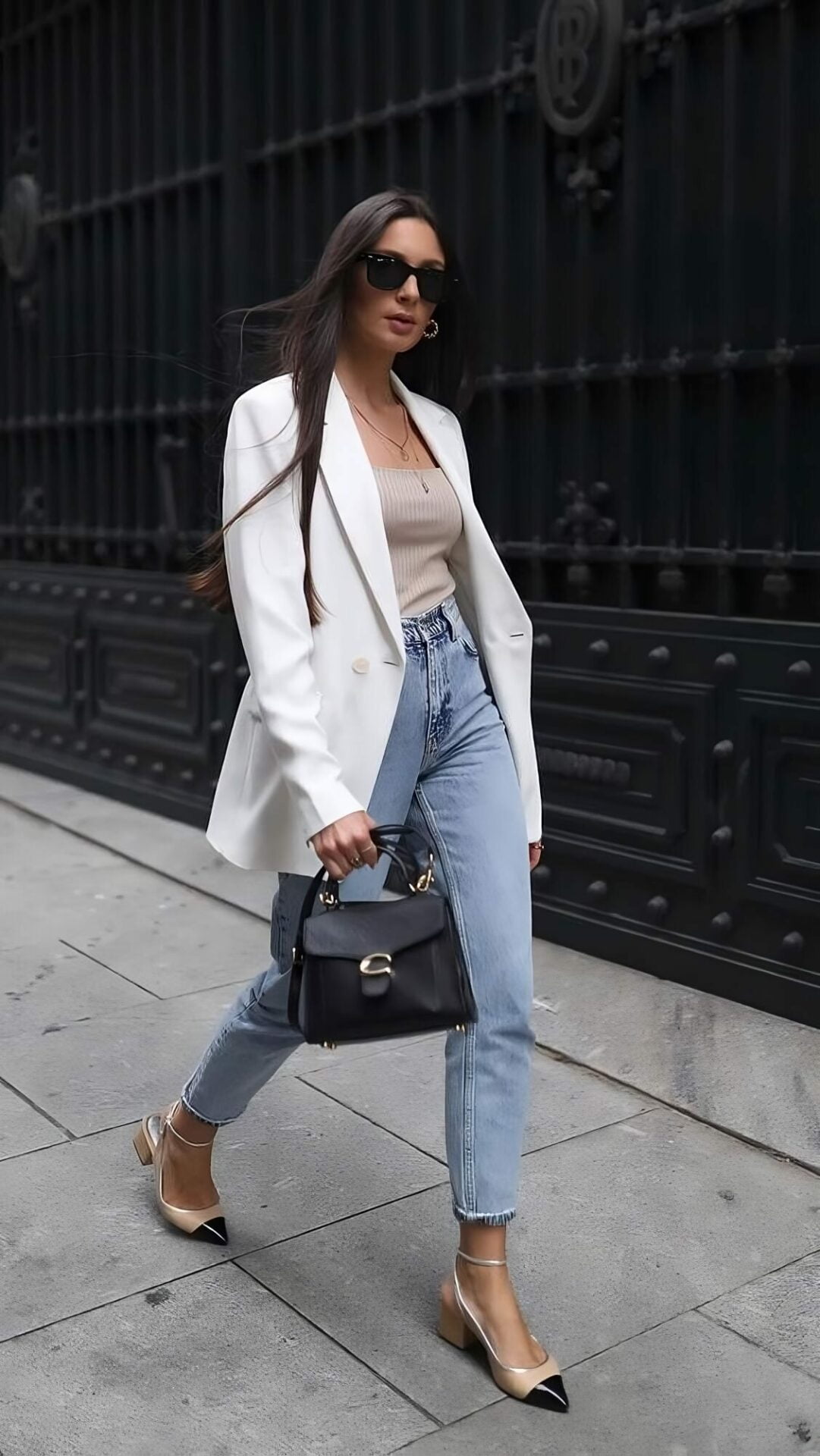 White Blazer With Blue Jeans And Hand Bag