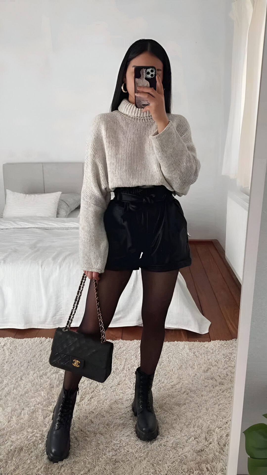 White Sweater With Leather Shorts