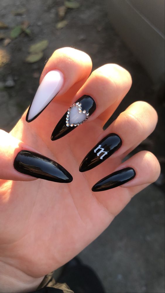 Almond Black Nail Design With Heart