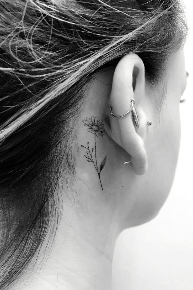 Behind-The-Ear Tattoos With Daisy Design