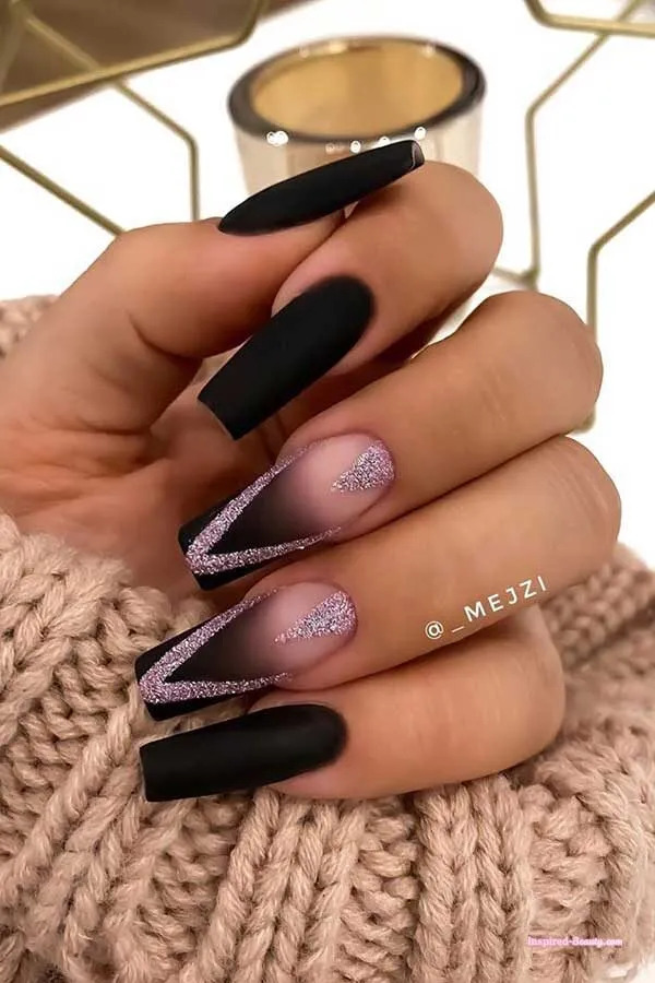 Black Acrylic Nail Ideas With Pink Glitter