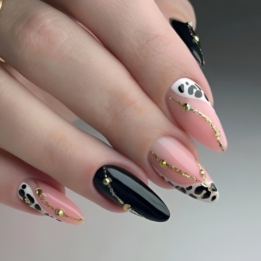 Black Acrylic Nails With Animal Print French Tips