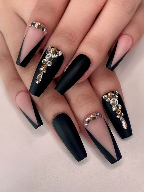 Black Acrylic Nails With Gemstones