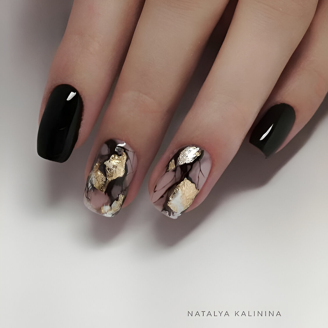 Black Acrylic Nails With Gold Foil