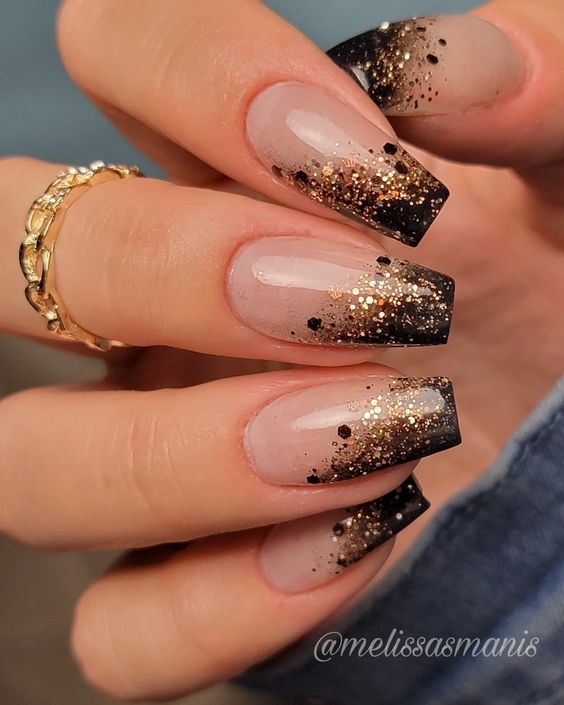 Black And Gold Glittered Tips