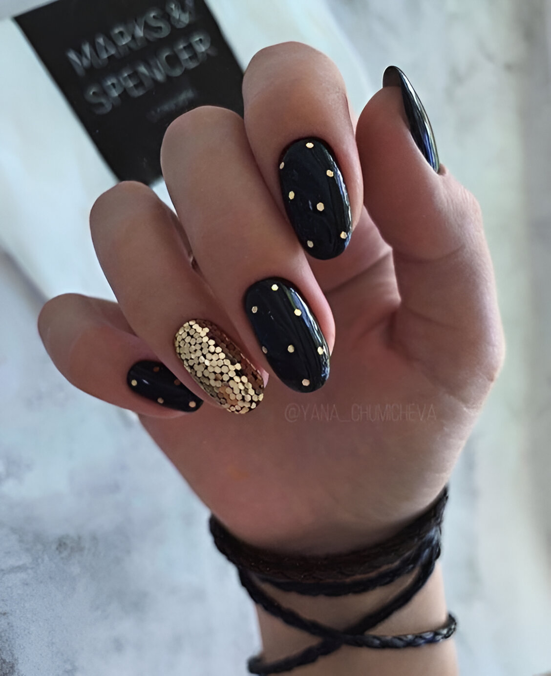 Black And Gold Polka-dot Nail Design