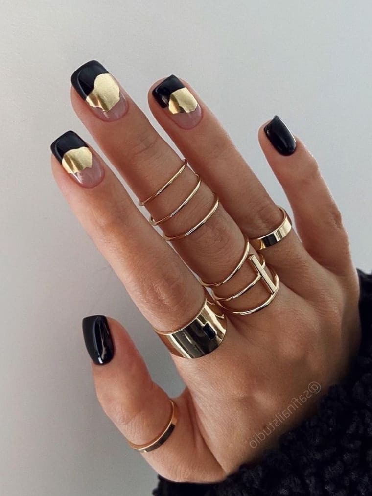 Black And Gold Short Square French Tips